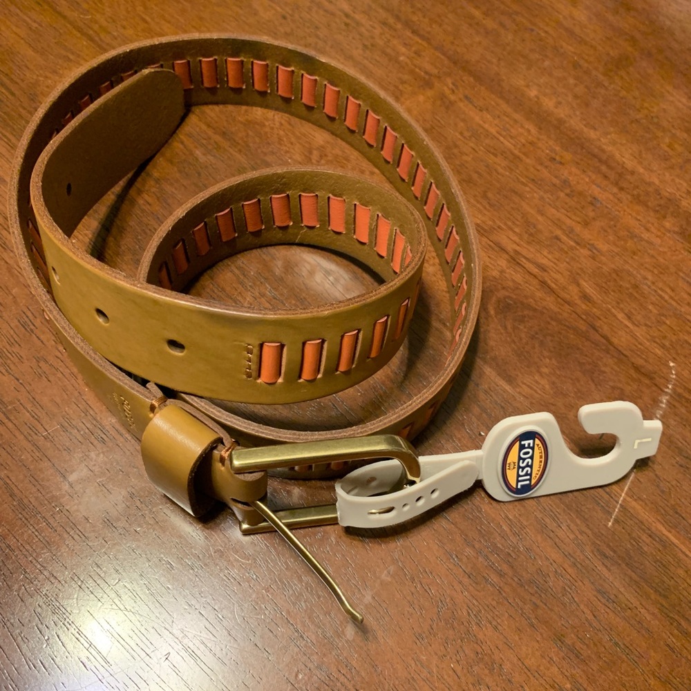 FOSSIL Brown & Coral Laced Leather Belt